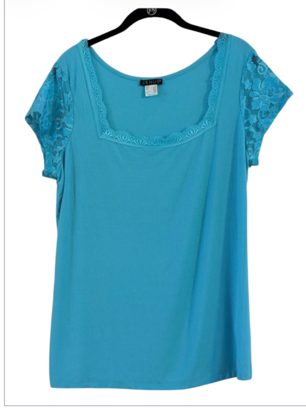 VENUS Chic Turquoise Square Neckline With Lace Details Top Size 1X
